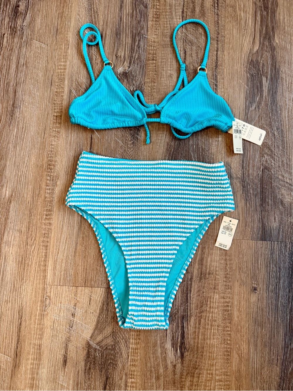 aerie Turquoise Ribbed Triangle Top with Striped High-Waist Bottom